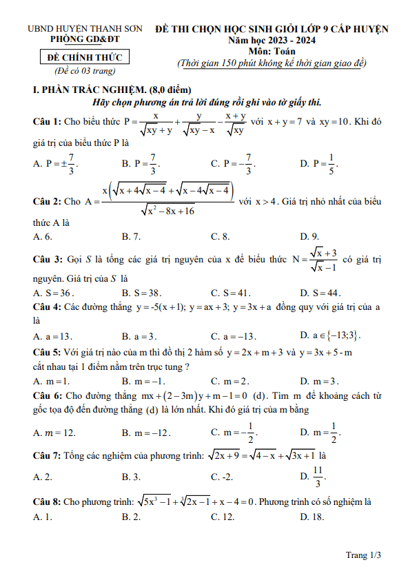 Đề thi HSG lớp 9 môn Toán cấp huyện năm 2023 2024 phòng GD ĐT Thanh Sơn Phú Thọ