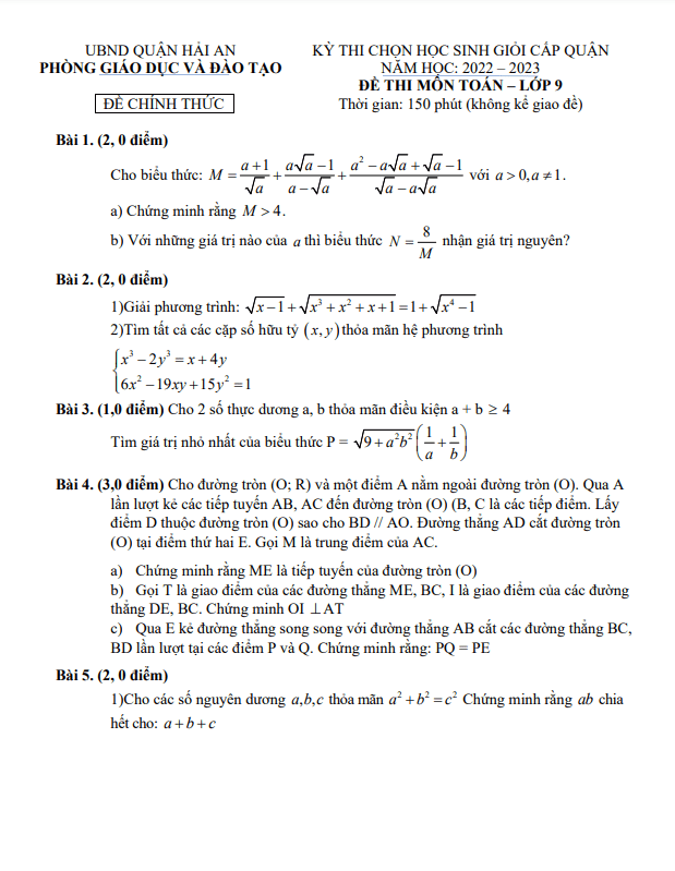 Đề thi HSG lớp 9 môn Toán cấp quận năm 2022 2023 phòng GD ĐT Hải An Hải Phòng