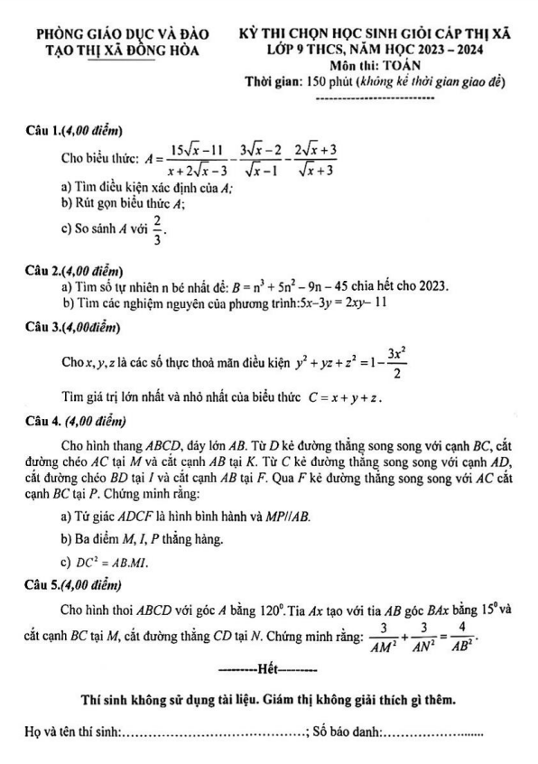 Đề thi HSG lớp 9 môn Toán cấp thị xã năm 2023 2024 phòng GD ĐT Đông Hòa Phú Yên