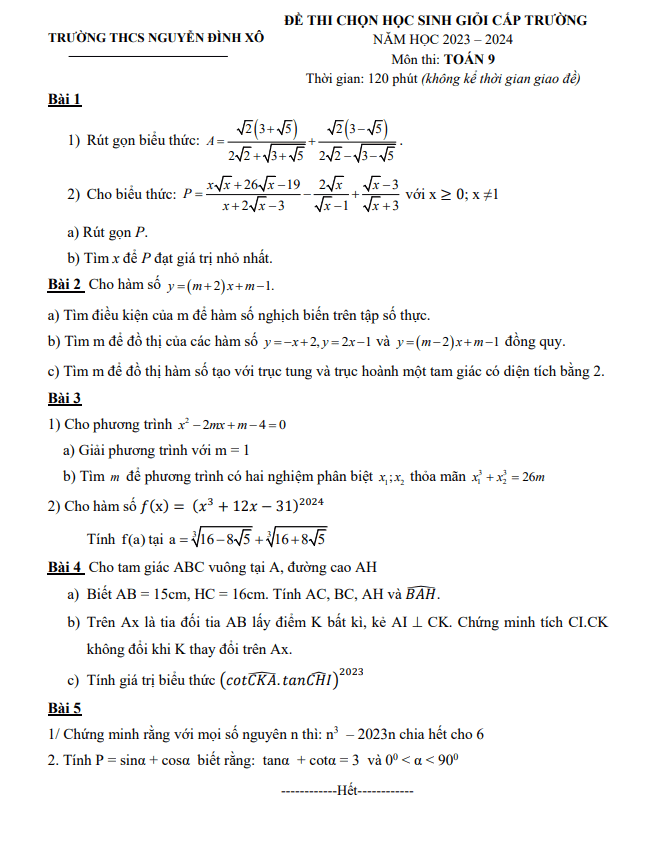 Đề thi HSG lớp 9 môn Toán năm 2023 2024 trường THCS Nguyễn Đình Xô Bắc Ninh