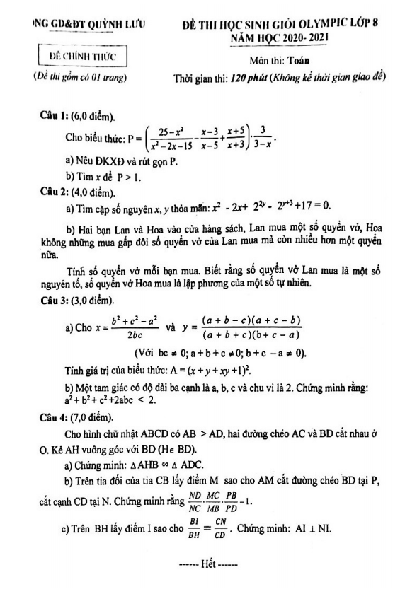 Đề thi HSG Olympic lớp 8 môn Toán năm 2020 2021 phòng GD ĐT Quỳnh Lưu Nghệ An