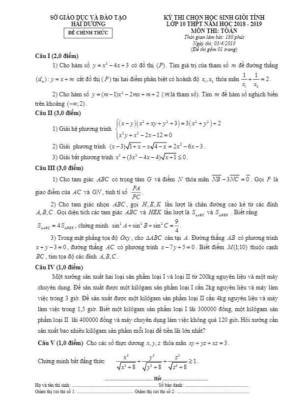Đề thi HSG tỉnh lớp 10 môn Toán THPT năm 2018 2019 sở GD ĐT Hải Dương