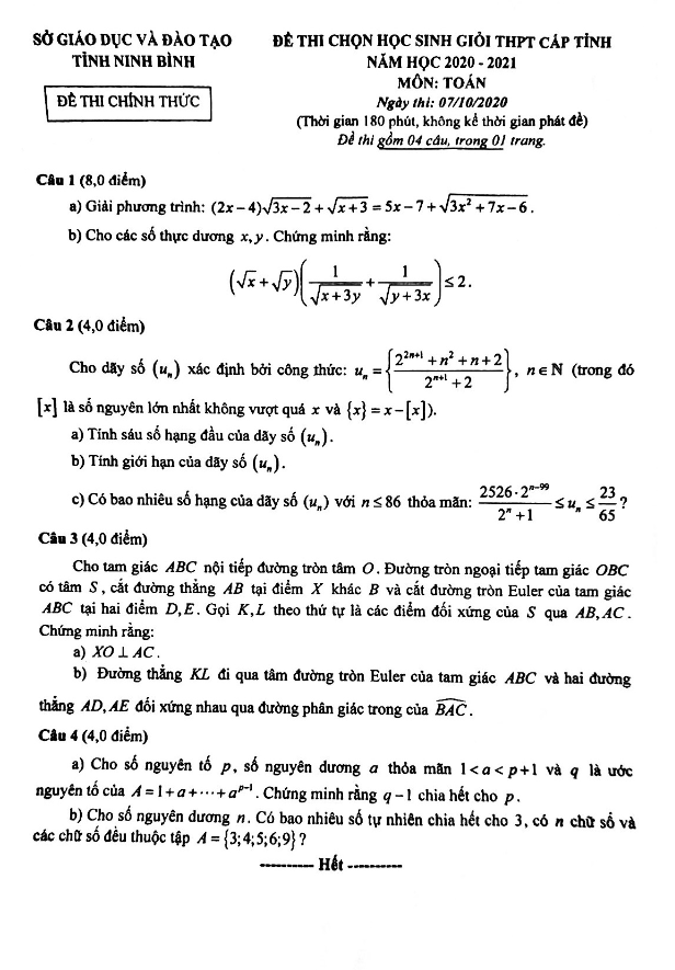 Đề thi HSG Toán THPT cấp tỉnh năm 2020 2021 sở GD ĐT Ninh Bình
