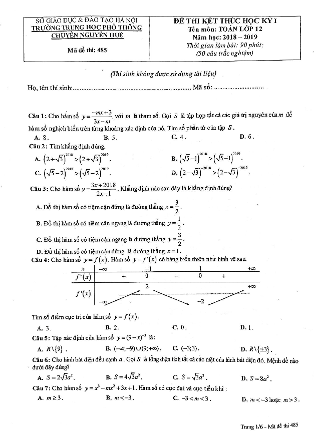 Đề thi kết thúc học kì 1 (HK1) lớp 12 môn Toán năm 2018 2019 trường chuyên Nguyễn Huệ Hà Nội