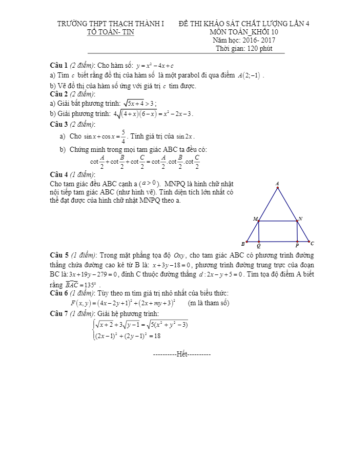 Đề thi khảo sát chất lượng lớp 10 môn Toán năm học 2016 2017 trường THPT Thạch Thành 1 Thanh Hóa lần 4