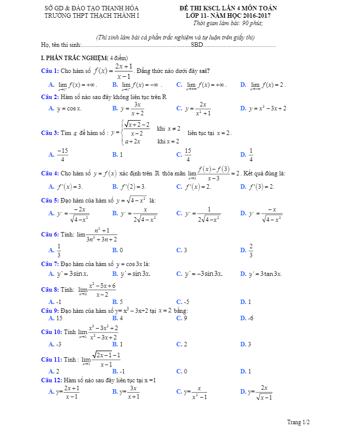 Đề thi khảo sát chất lượng lớp 11 môn Toán năm học 2016 2017 trường THPT Thạch Thành 1 Thanh Hóa lần 4