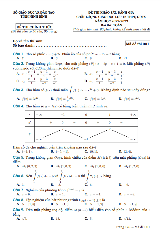 Đề thi khảo sát chất lượng lớp 12 môn Toán năm 2022 2023 sở GD ĐT Ninh Bình