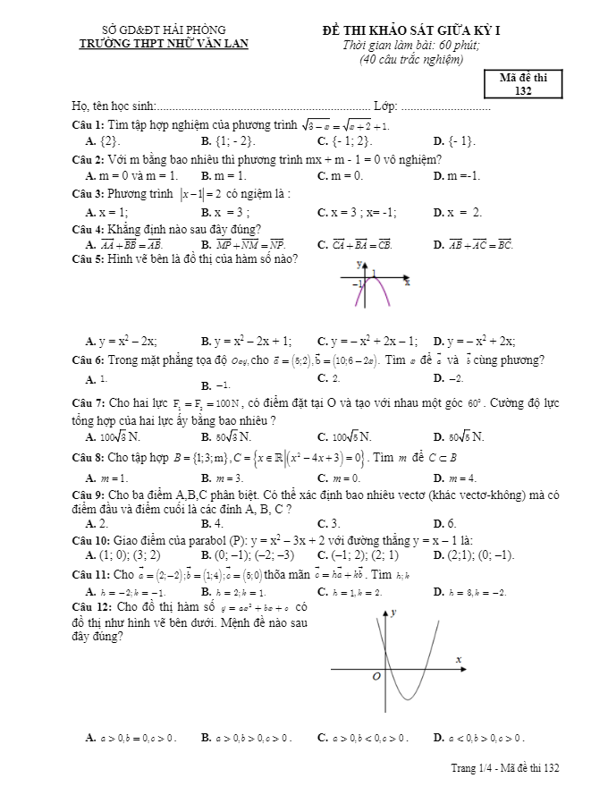 Đề thi khảo sát giữa học kì 1 (HK1) lớp 10 môn Toán năm 2018 2019 trường Nhữ Văn Lan Hải Phòng