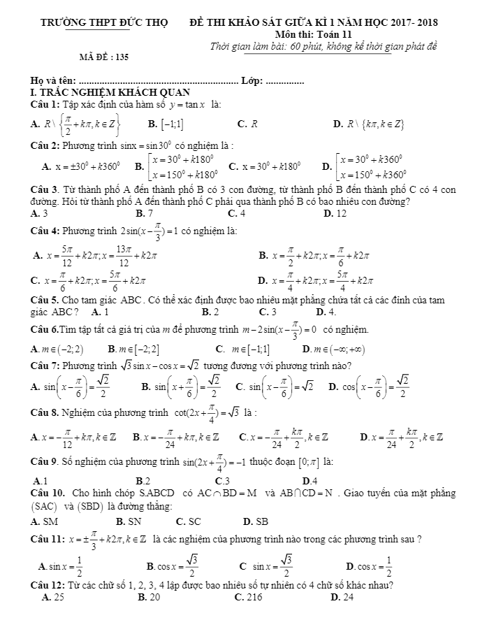 Đề thi khảo sát giữa học kì 1 (HK1) năm học 2017 2018 lớp 11 môn Toán trường THPT Đức Thọ Hà Tĩnh