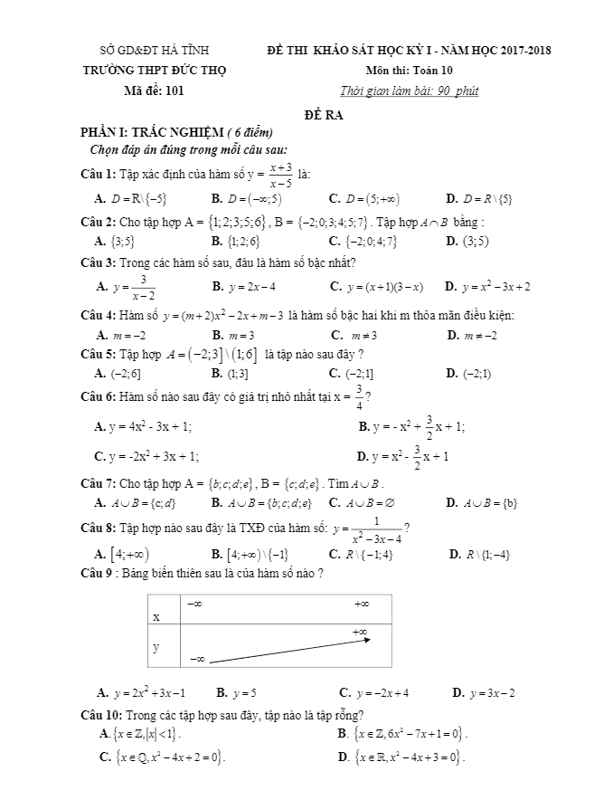 Đề thi khảo sát học kì 1 (HK1) lớp 10 môn Toán năm học 2017 2018 trường THPT Đức Thọ Hà Tĩnh