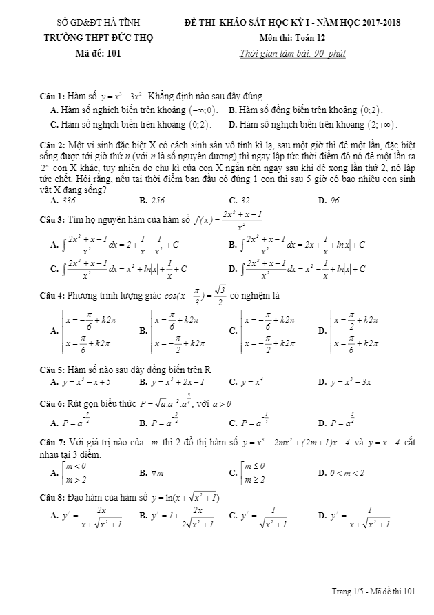 Đề thi khảo sát học kì 1 (HK1) lớp 12 môn Toán năm học 2017 2018 trường THPT Đức Thọ Hà Tĩnh