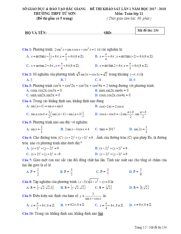 Đề thi khảo sát lớp 11 môn Toán lần 1 năm học 2017 2018 trường THPT Tứ Sơn Bắc Giang