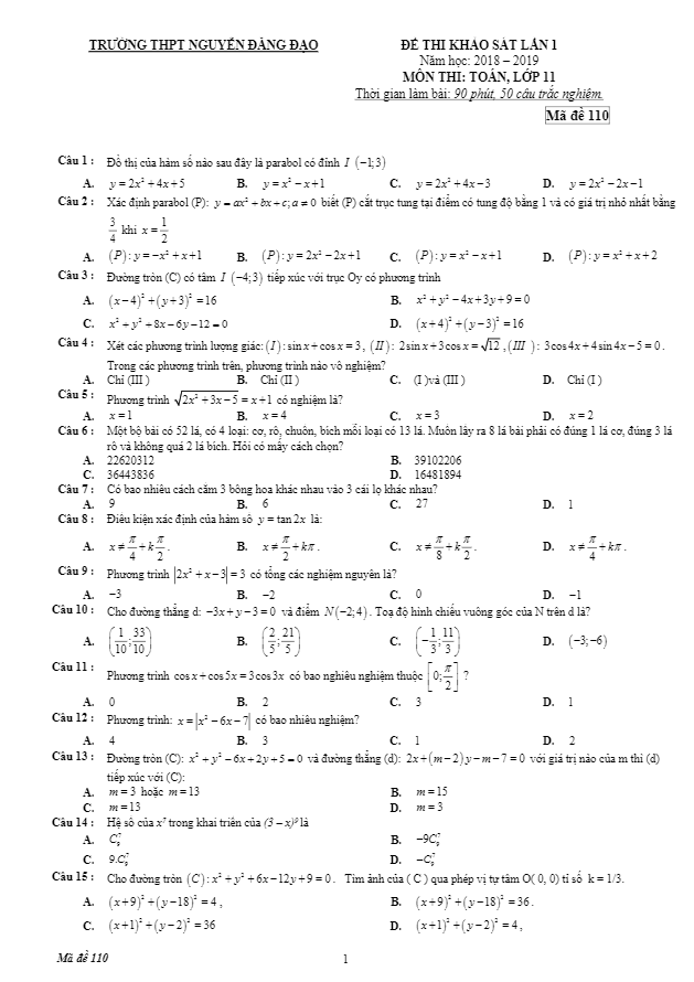 Đề thi khảo sát lớp 11 môn Toán năm 2018 2019 trường THPT Nguyễn Đăng Đạo Bắc Ninh