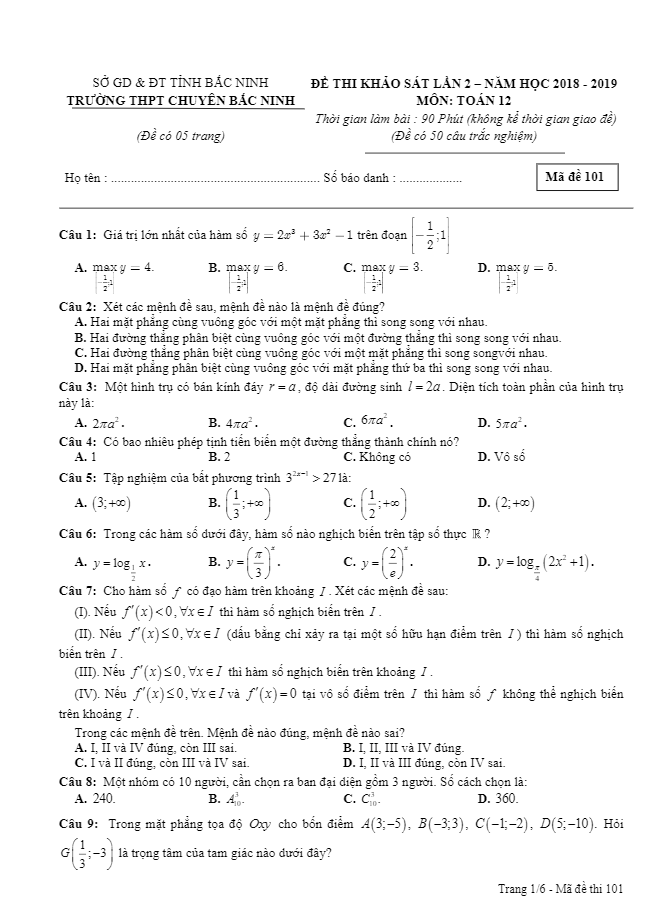 Đề thi khảo sát lớp 12 môn Toán năm 2018 2019 trường THPT chuyên Bắc Ninh lần 2