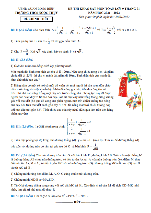 Đề thi khảo sát lớp 9 môn Toán tháng 01 năm 2022 trường THCS Ngọc Thụy Hà Nội