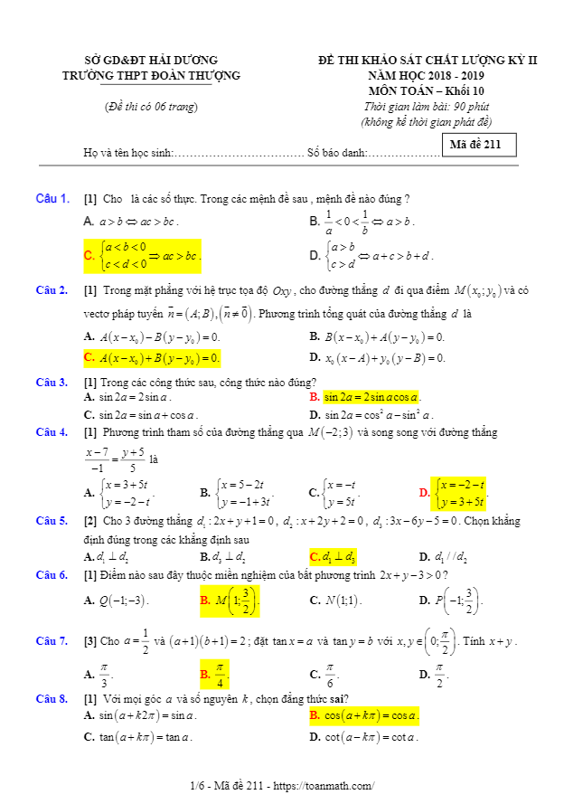 Đề thi KSCL học kì 2 (HK2) lớp 10 môn Toán năm 2018 2019 trường Đoàn Thượng Hải Dương