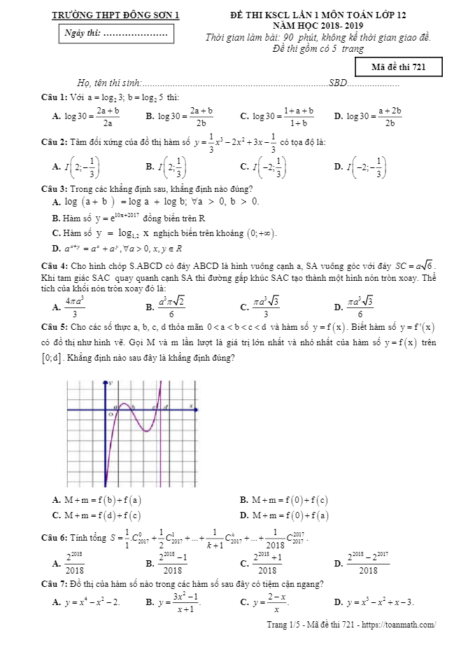 Đề thi KSCL lần 1 lớp 12 môn Toán năm 2018 2019 trường THPT Đông Sơn 1 Thanh Hóa