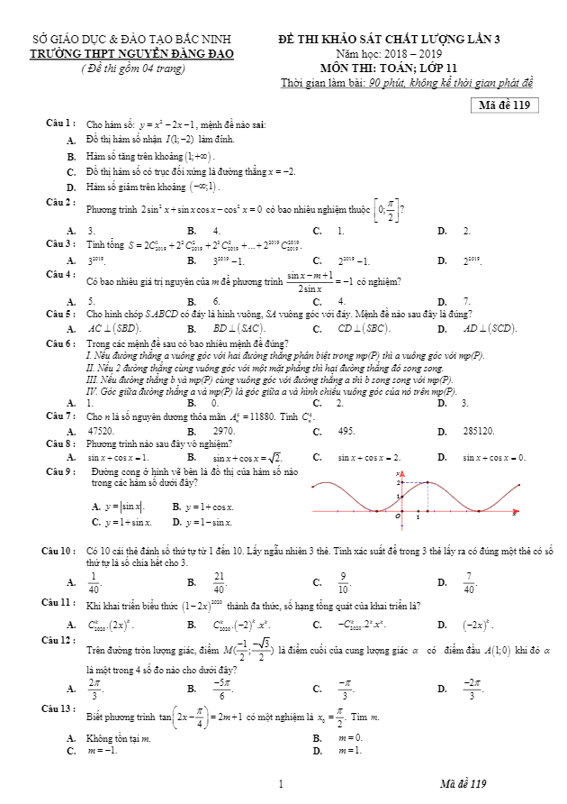 Đề thi KSCL lần 3 lớp 11 môn Toán năm 2018 2019 trường Nguyễn Đăng Đạo Bắc Ninh