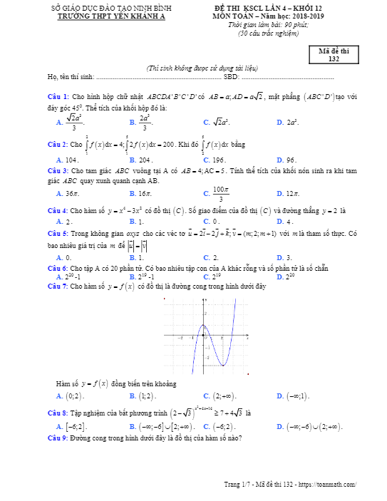 Đề thi KSCL lần 4 lớp 12 môn Toán năm 2018 2019 trường Yên Khánh A Ninh Bình
