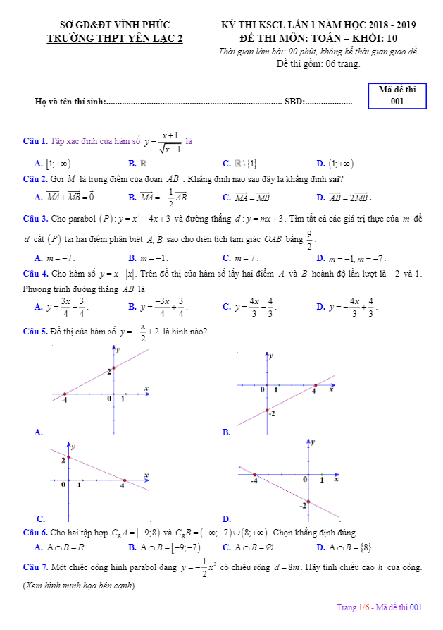 Đề thi KSCL lớp 10 môn Toán lần 1 năm 2018 2019 trường Yên Lạc 2 Vĩnh Phúc