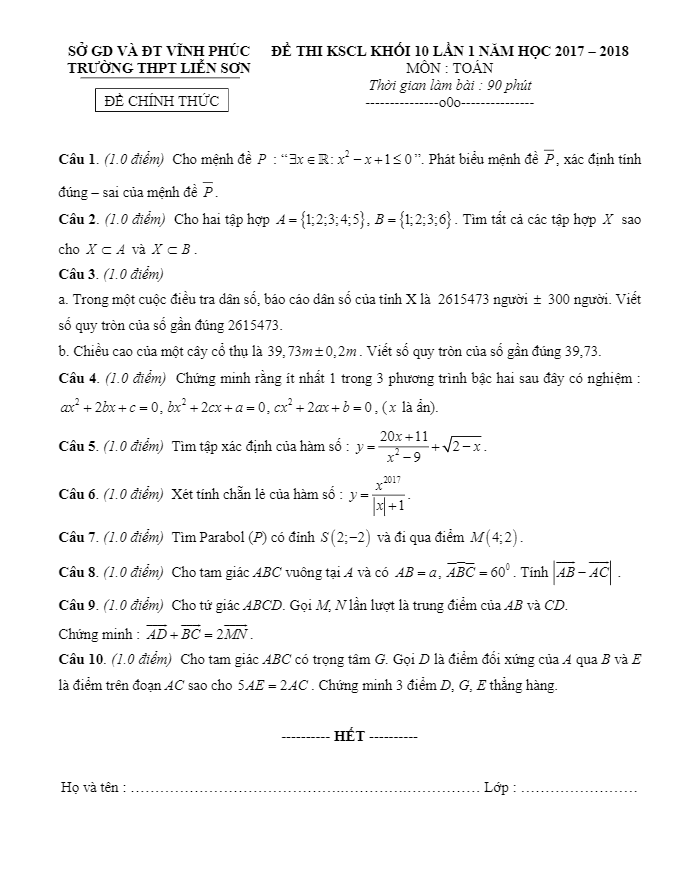 Đề thi KSCL lớp 10 môn Toán lần 1 năm học 2017 2018 trường THPT Liễn Sơn Vĩnh Phúc