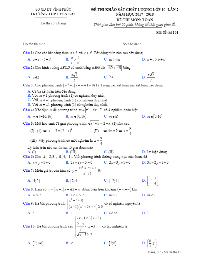 Đề thi KSCL lớp 10 môn Toán lần 2 năm học 2017 2018 trường THPT Yên Lạc Vĩnh Phúc