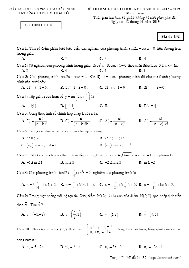 Đề thi KSCL lớp 11 môn Toán học kì 1 (HK1) năm 2018 2019 trường Lý Thái Tổ Bắc Ninh