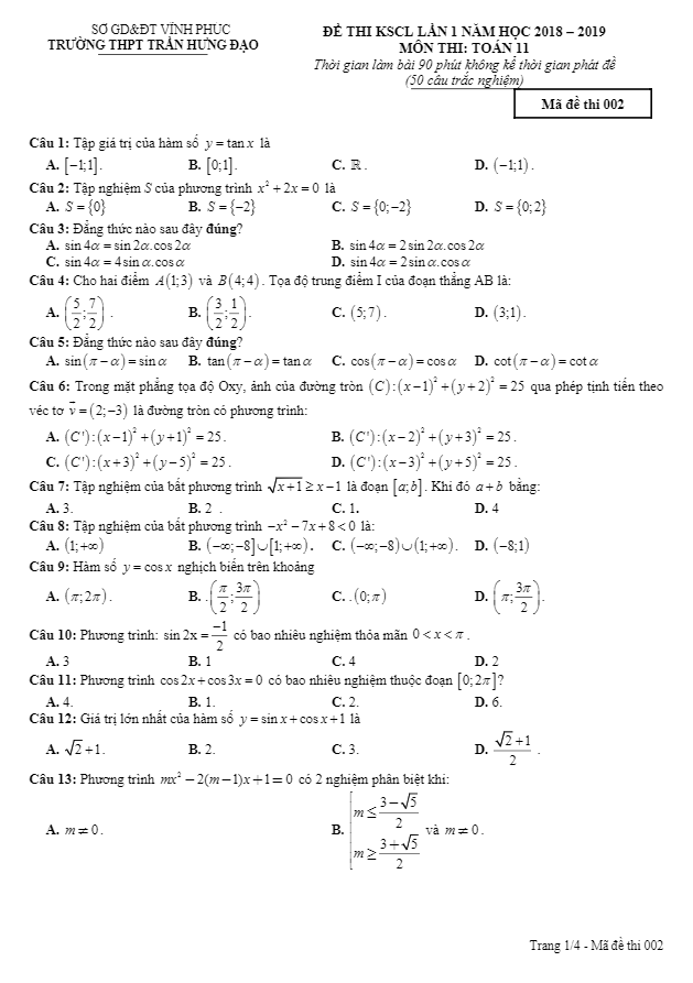 Đề thi KSCL lớp 11 môn Toán lần 1 năm 2018 2019 trường Trần Hưng Đạo Vĩnh Phúc
