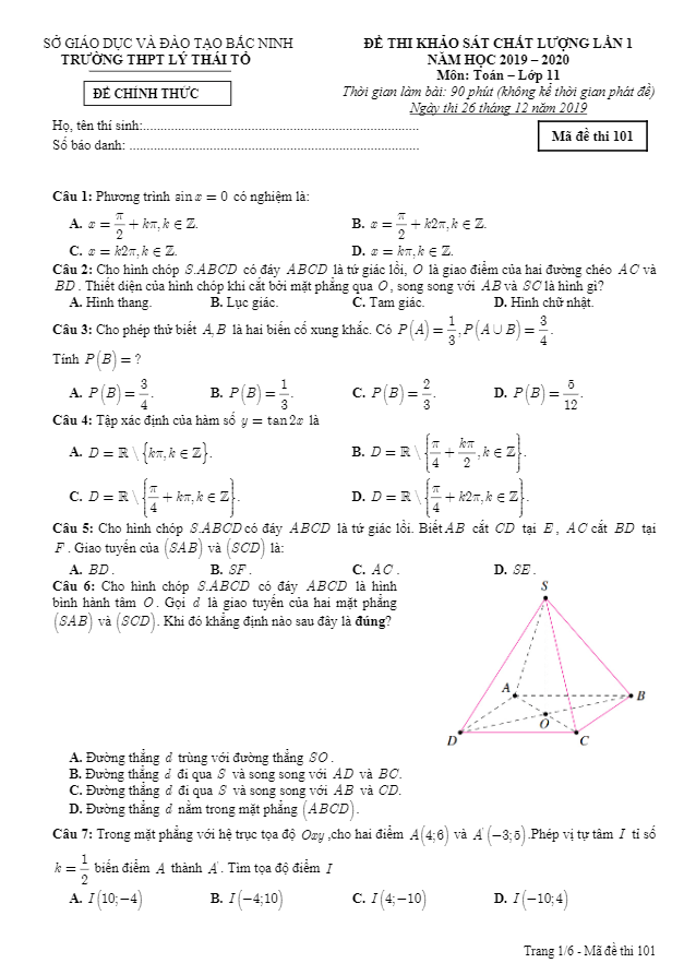 Đề thi KSCL lớp 11 môn Toán lần 1 năm 2019 2020 trường THPT Lý Thái Tổ Bắc Ninh