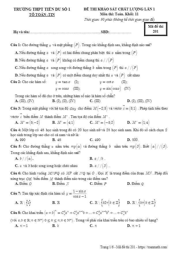 Đề thi KSCL lớp 11 môn Toán lần 1 năm học 2018 2019 trường Tiên Du 1 Bắc Ninh