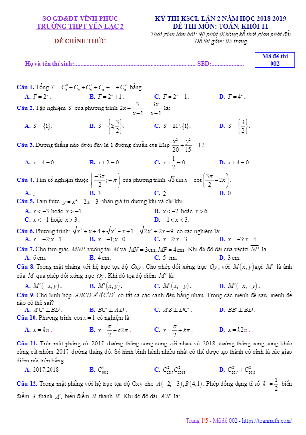 Đề thi KSCL lớp 11 môn Toán lần 2 năm 2018 2019 trường Yên Lạc 2 Vĩnh Phúc