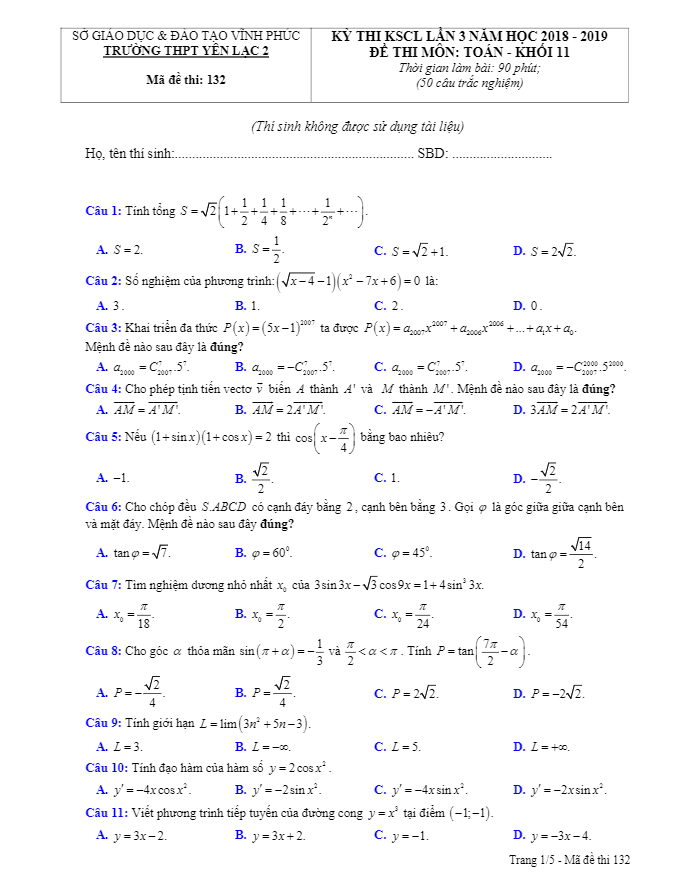 Đề thi KSCL lớp 11 môn Toán lần 3 năm 2018 – 2019 trường Yên Lạc 2 – Vĩnh Phúc