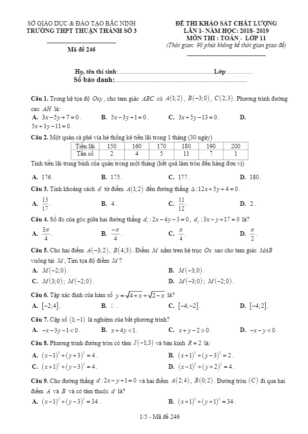 Đề thi KSCL lớp 11 môn Toán năm 2018 2019 trường Thuận Thành 3 Bắc Ninh lần 1