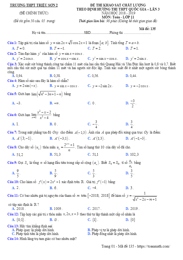 Đề thi KSCL lớp 11 môn Toán THPTQG lần 3 năm 2018 – 2019 trường Triệu Sơn 2 – Thanh Hoá