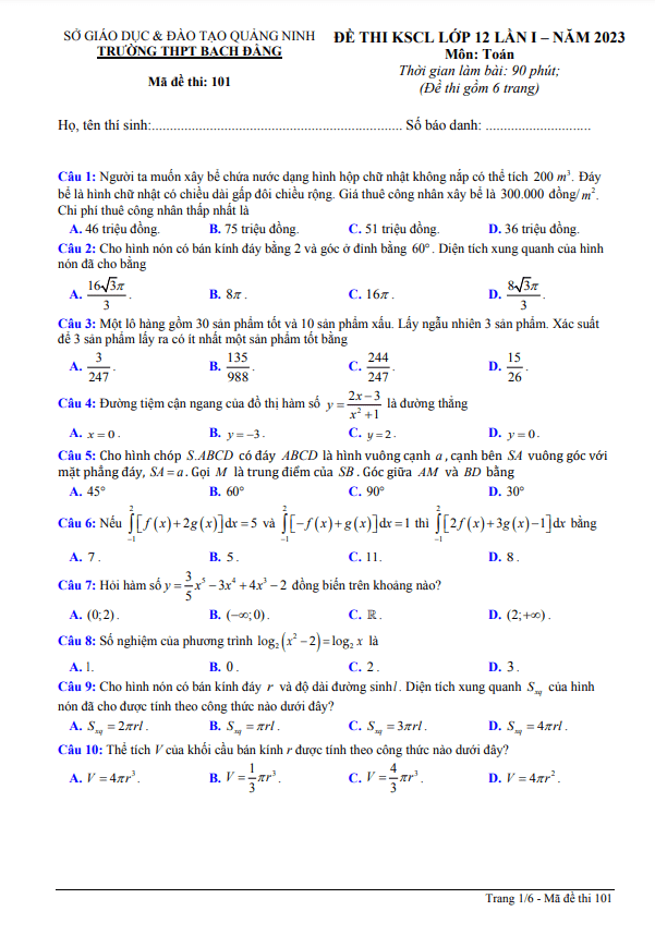 Đề thi KSCL lớp 12 môn Toán lần 1 năm 2022 2023 trường THPT Bạch Đằng Quảng Ninh