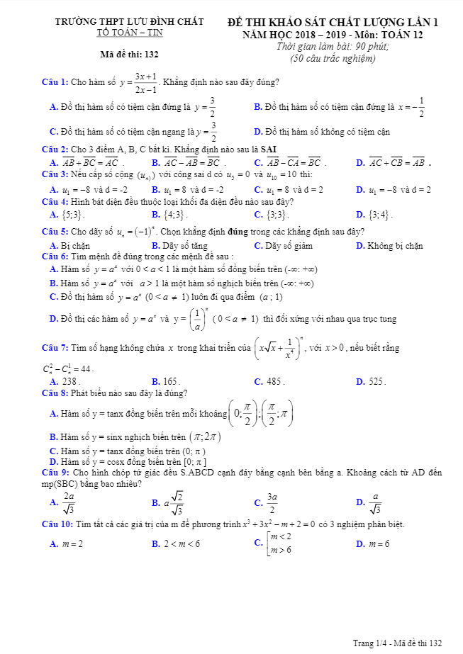 Đề thi KSCL lớp 12 môn Toán năm học 2018 2019 trường THPT Lưu Đình Chất Thanh Hóa lần 1