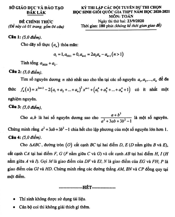 Đề thi lập đội tuyển HSG Toán THPT năm 2020 – 2021 sở GD ĐT Đắk Lắk (ngày 2)