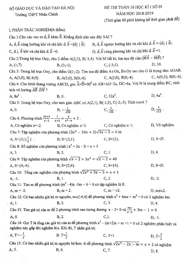 Đề thi lớp 10 môn Toán học kì 1 (HK1) năm 2018 2019 trường THPT Nhân Chính Hà Nội