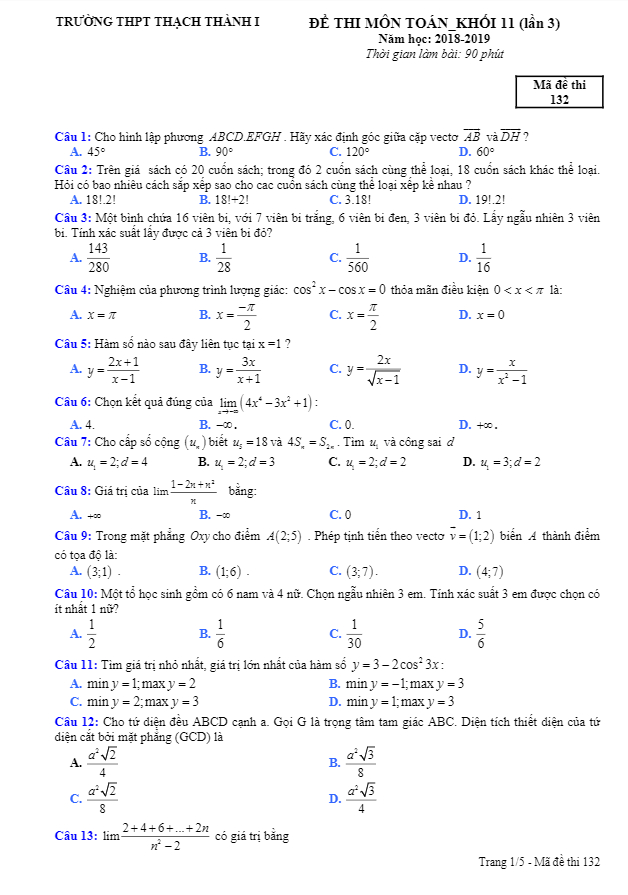 Đề thi lớp 11 môn Toán lần 3 năm 2018 2019 trường Thạch Thành 1 Thanh Hóa