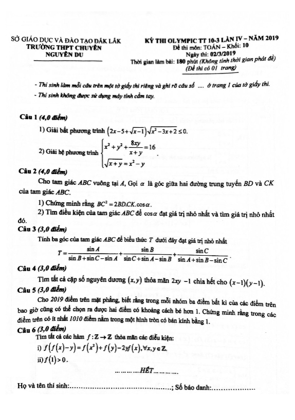 Đề thi Olympic 10/3 lớp 10 môn Toán năm 2019 lần 4 trường chuyên Nguyễn Du Đăk Lăk