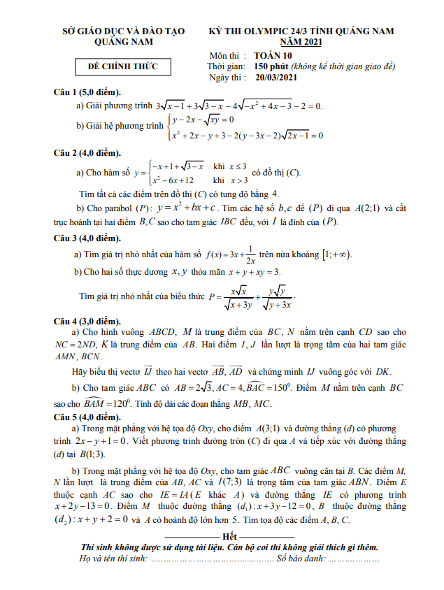 Đề thi Olympic 24/3 lớp 10 môn Toán năm 2021 sở GD ĐT Quảng Nam