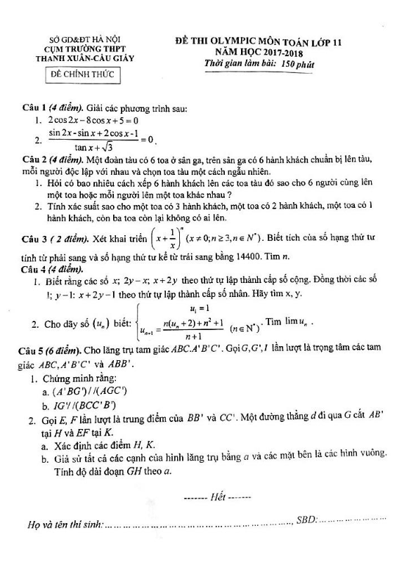 Đề thi Olympic lớp 11 môn Toán năm 2017 2018 cụm trường Thanh Xuân Cầu Giấy Hà Nội