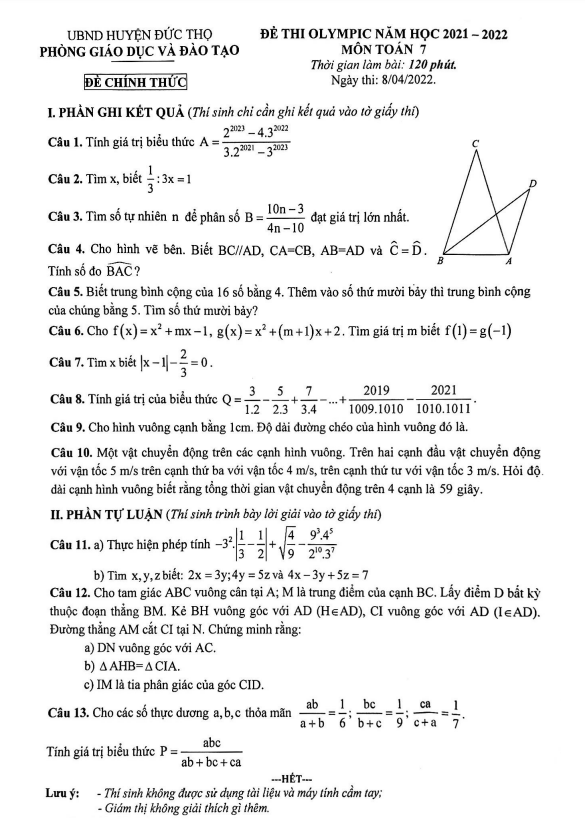 Đề thi Olympic lớp 7 môn Toán năm 2021 2022 phòng GD ĐT Đức Thọ Hà Tĩnh