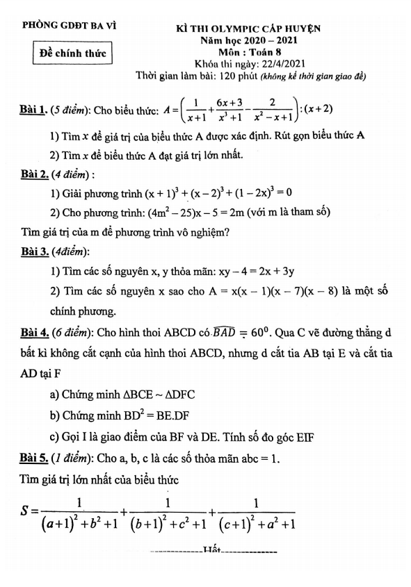 Đề thi Olympic lớp 8 môn Toán cấp huyện năm 2020 2021 phòng GD ĐT Ba Vì Hà Nội