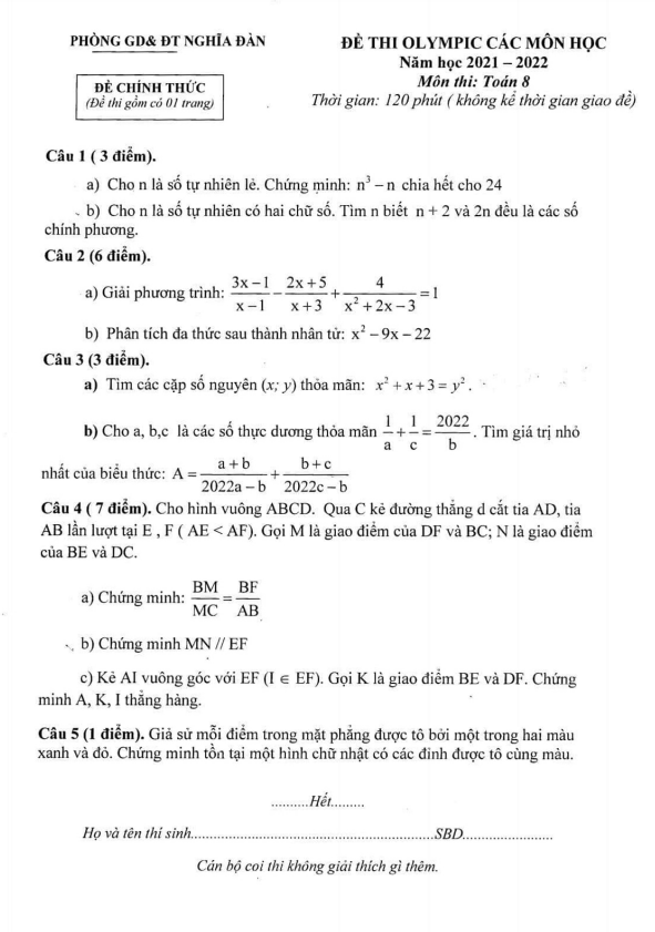 Đề thi Olympic lớp 8 môn Toán năm 2021 2022 phòng GD ĐT Nghĩa Đàn Nghệ An