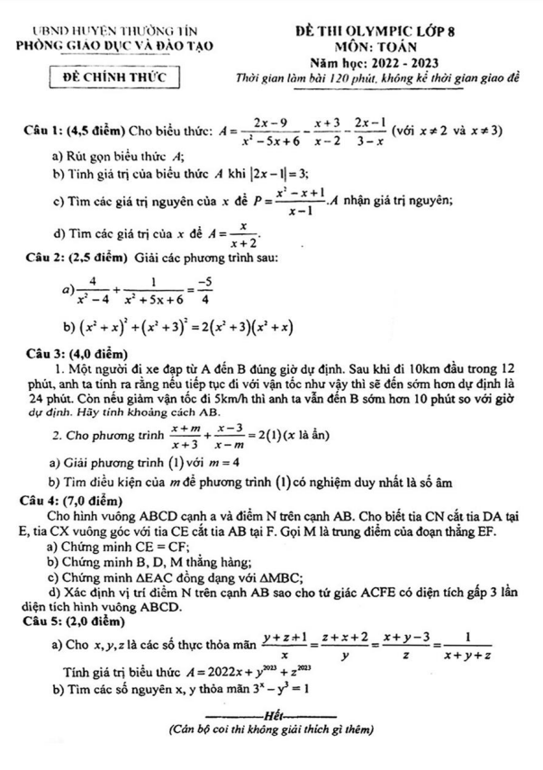 Đề thi Olympic lớp 8 môn Toán năm 2022 2023 phòng GD ĐT Thường Tín Hà Nội