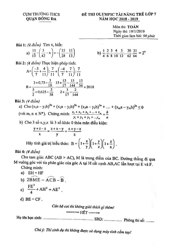 Đề thi Olympic tài năng trẻ lớp 7 môn Toán năm 2018 2019 quận Đống Đa Hà Nội