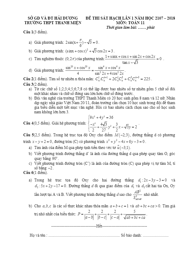Đề thi sát hạch lần 1 năm học 2017 2018 lớp 11 môn Toán trường THPT Thanh Miện Hải Dương