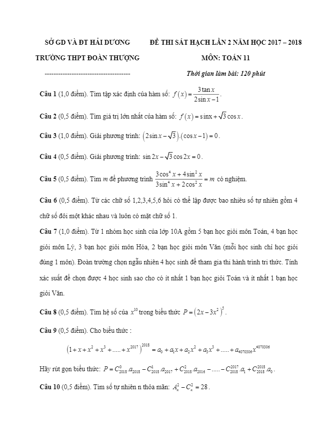 Đề thi sát hạch lớp 11 môn Toán lần 2 năm học 2017 2018 trường THPT Đoàn Thượng Hải Dương