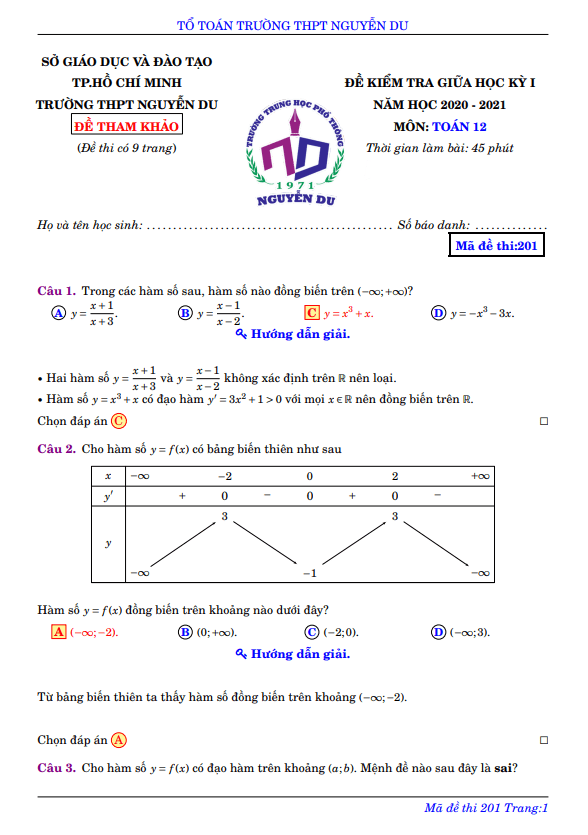 Đề thi tham khảo giữa HKI lớp 12 môn Toán năm 2020 2021 trường THPT Nguyễn Du TP HCM